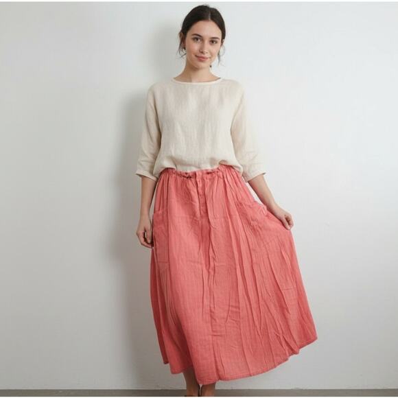 Free People Coral Striped Midi Skirt Linen Cotton Flowy Drawstring Elastic Waist - Picture 1 of 14